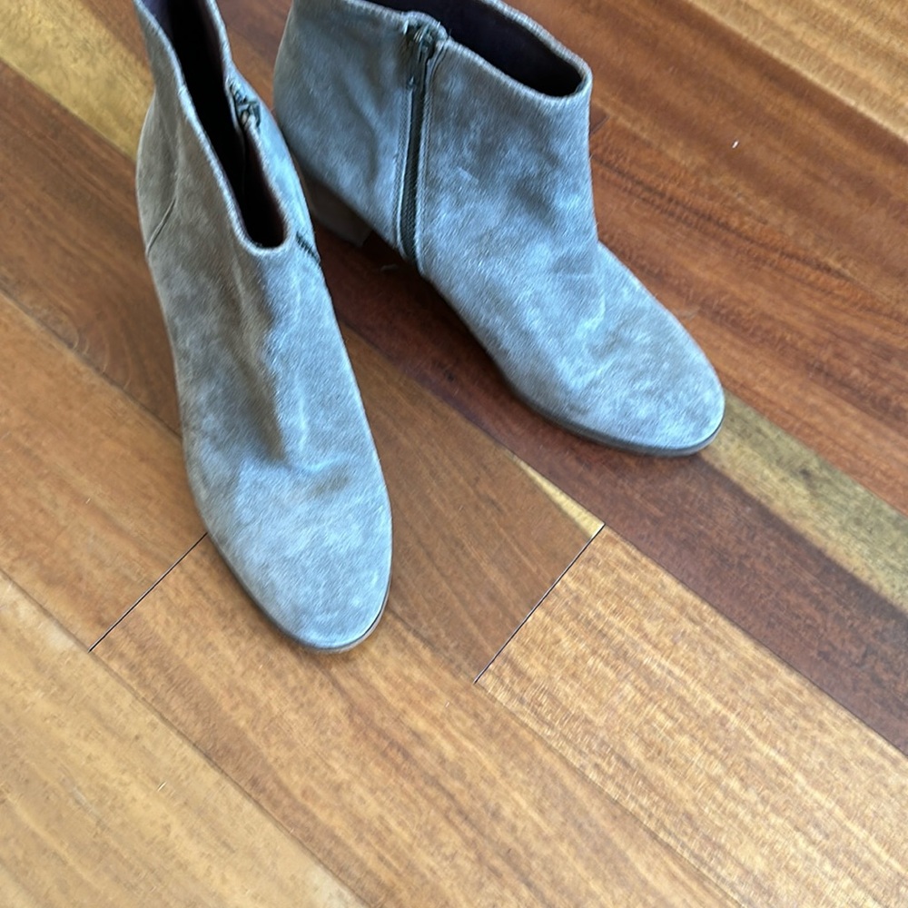 J Crew suede boots stack heels grey